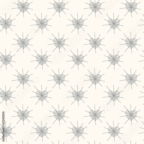 Seamless repeat pattern with spider webs on white. Hand drawn vector illustration. Line drawing. Design concept for Halloween party, textile print, wallpaper, wrapping paper.
