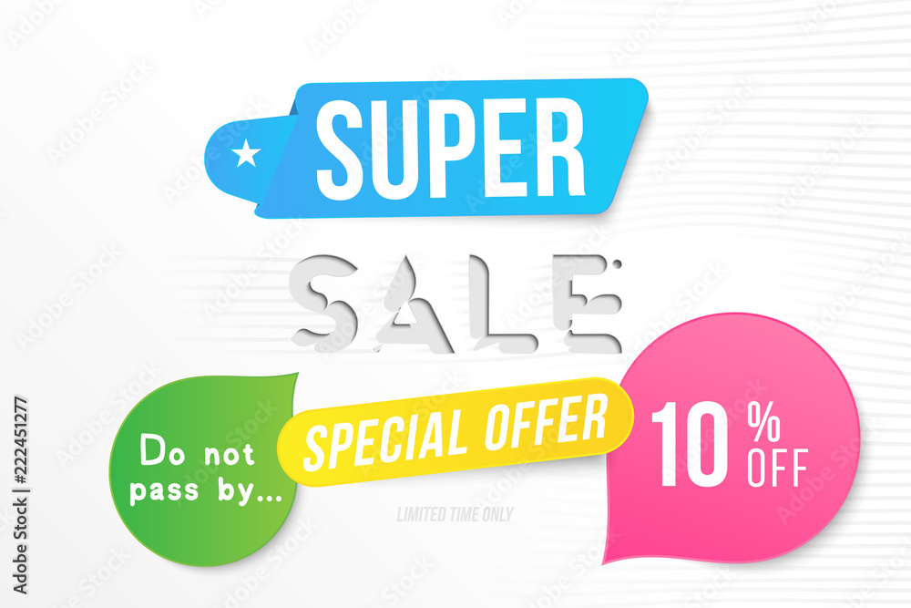 Super sale 10 off discount. Banner template for design advertising and poster with colors elements on white background. Flat vector illustration EPS 10