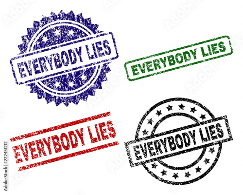 EVERYBODY LIES seal prints with corroded texture. Black, green,red,blue vector rubber prints of EVERYBODY LIES caption with retro texture. Rubber seals with round, rectangle, medallion shapes.