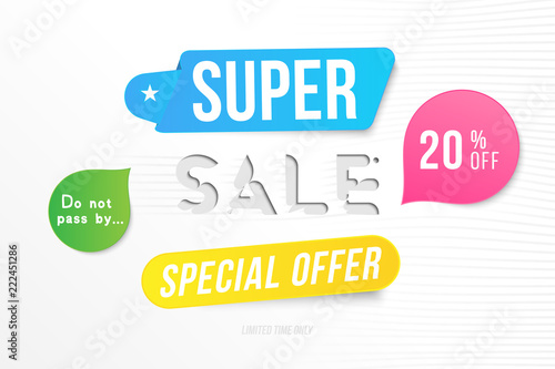 Super sale 20 off discount. Banner template for design advertising and poster with colors elements on white background. Flat vector illustration EPS 10