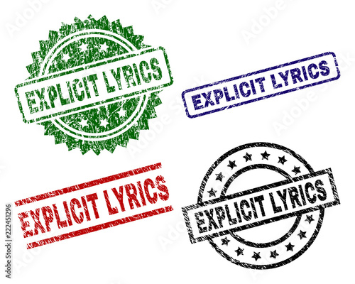 EXPLICIT LYRICS seal prints with corroded texture. Black, green,red,blue vector rubber prints of EXPLICIT LYRICS label with dust texture. Rubber seals with round, rectangle, medallion shapes.