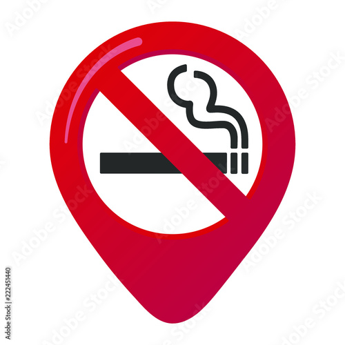 No smoking area marker map pin icon sign with flat design gradient styled cigarette in the prohibited forbidden red circle. Symbol of the no smoking area in the map apps isolated on white background