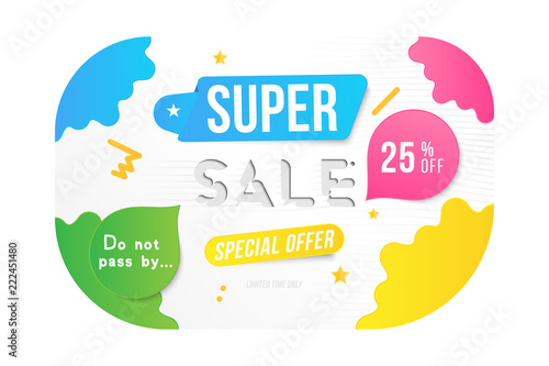 Super sale 25 off discount. Banner template for design advertising and poster with colors elements on white background. Flat vector illustration EPS 10
