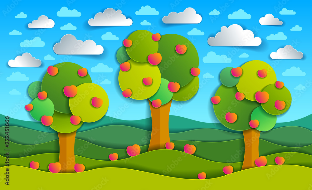 Three apple trees in the field scenic nature landscape cartoon modern style  paper cut vector illustration. Stock Vector | Adobe Stock