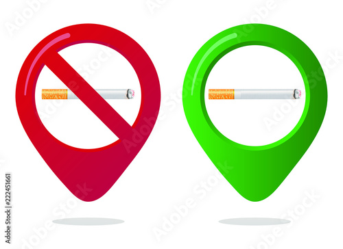 No smoking and smoking area marker map pin icon sign set with flat design 3d realistic cigarettes in red green circles. Symbol of the smoking area in the map apps isolated on white background.