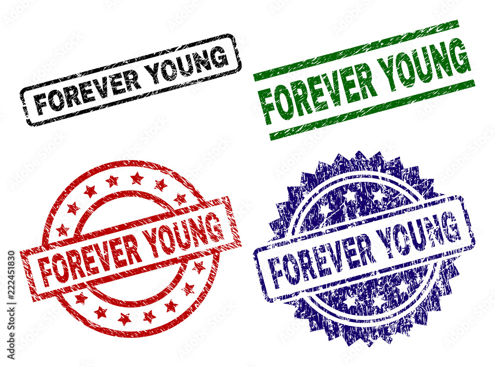 FOREVER YOUNG seal prints with corroded texture. Black, green,red,blue vector rubber prints of FOREVER YOUNG tag with scratched texture. Rubber seals with circle, rectangle, rosette shapes. FOREVER YOUNG seal prints with corroded texture. Black, green,red,blue vector rubber prints of FOREVER YOUNG tag with scratched texture. Rubber seals with circle, rectangle, rosette shapes.