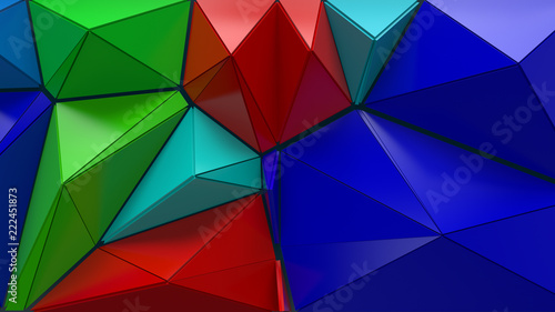 3d render abstract backgrouny. Triangular and extruded geometry. Positive colored fractured geometry...