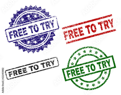 FREE TO TRY seal prints with distress texture. Black, green,red,blue vector rubber prints of FREE TO TRY tag with dirty texture. Rubber seals with circle, rectangle, medallion shapes.