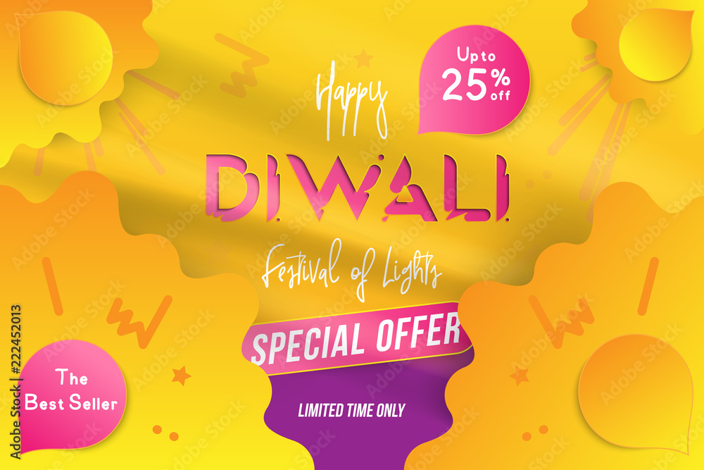 Naklejka premium Banner Diwali Festival of lights with special offer Sale 25 off. Creative template with decoration elements and shadow on the yellow background. Flat vector illustration EPS10