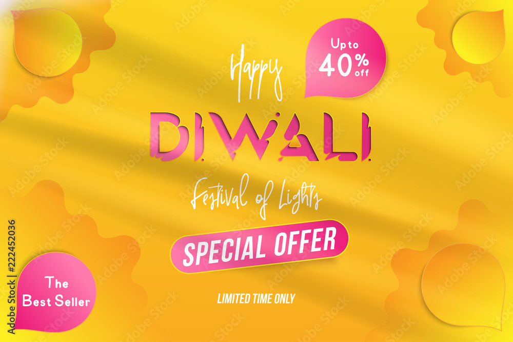 Banner Diwali Festival of lights with special offer Sale 40 off. Creative template with decoration elements and shadow on the yellow background. Flat vector illustration EPS10