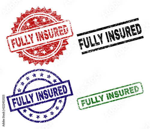 FULLY INSURED seal prints with corroded texture. Black, green,red,blue vector rubber prints of FULLY INSURED label with corroded style. Rubber seals with circle, rectangle, medallion shapes.