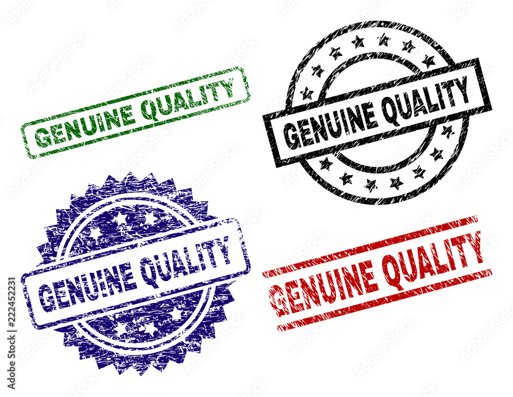 GENUINE QUALITY seal prints with distress surface. Black, green,red,blue vector rubber prints of GENUINE QUALITY text with retro surface. Rubber seals with circle, rectangle, medallion shapes. GENUINE QUALITY seal prints with distress surface. Black, green,red,blue vector rubber prints of GENUINE QUALITY text with retro surface. Rubber seals with circle, rectangle, medallion shapes.