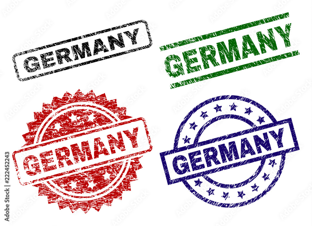 GERMANY seal prints with corroded style. Black, green,red,blue vector rubber prints of GERMANY text with dust surface. Rubber seals with circle, rectangle, rosette shapes. GERMANY seal prints with corroded style. Black, green,red,blue vector rubber prints of GERMANY text with dust surface. Rubber seals with circle, rectangle, rosette shapes.