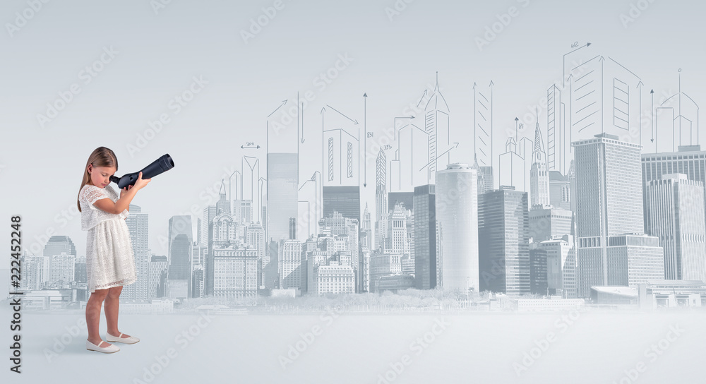 Cute little girl looking through spyglass to a big city
Cute little girl looking through spyglass to a big city