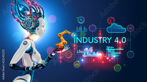 Concept Industry 4.0. Artificial intelligence automation of product manufacturing on smart factory. Ai uses intellectual management of industrial processes. Robot woman holding in palm a robotic arm