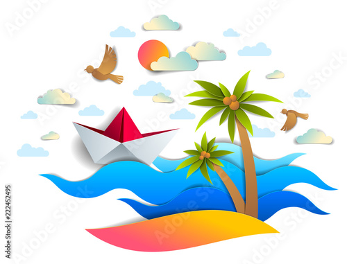 Fototapeta Naklejka Na Ścianę i Meble -  Paper ship swimming in sea waves with beautiful beach and palms, origami folded toy boat floating in the ocean with beautiful scenic seascape with birds and clouds in the sky, vector.