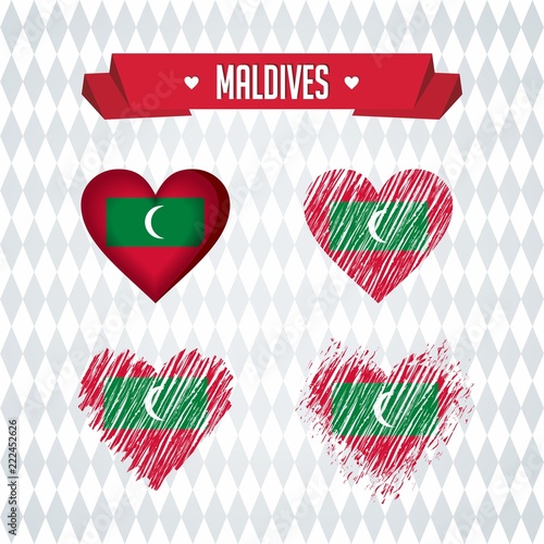Maldives. Collection of four vector hearts with flag. Heart silhouette