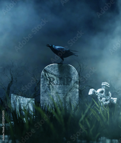 Fotografie Crow on a gravestone in halloween night,3d illustration.