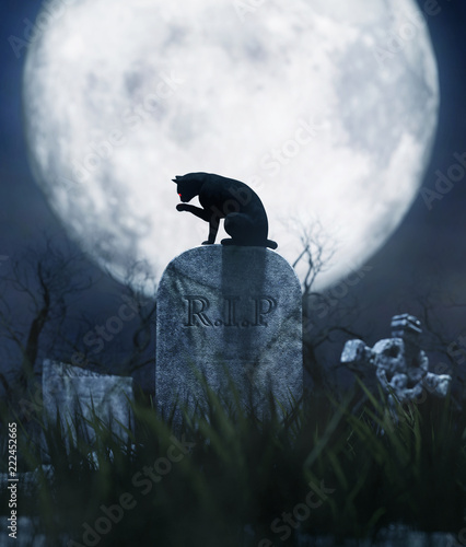 Black cat sitting on a gravestone in halloween night,3d illustration.