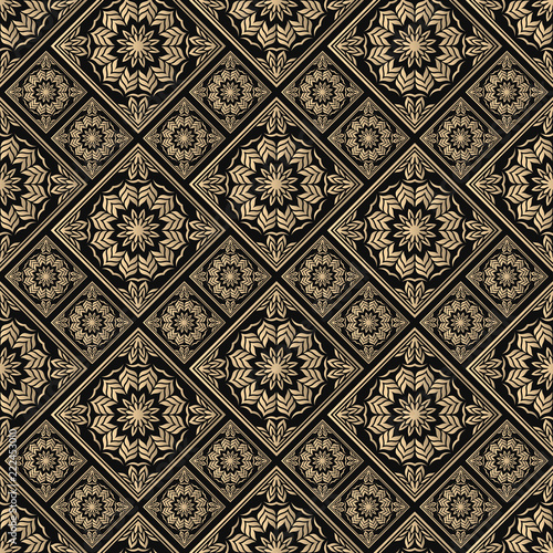 Seamless pattern oriental ornament. Black and golden textile print. Islamic vector design. Floral tiles.