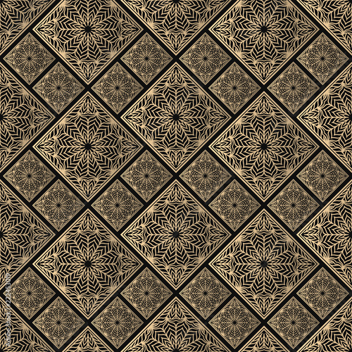 Seamless pattern oriental ornament. Black and golden textile print. Islamic vector design. Floral tiles.