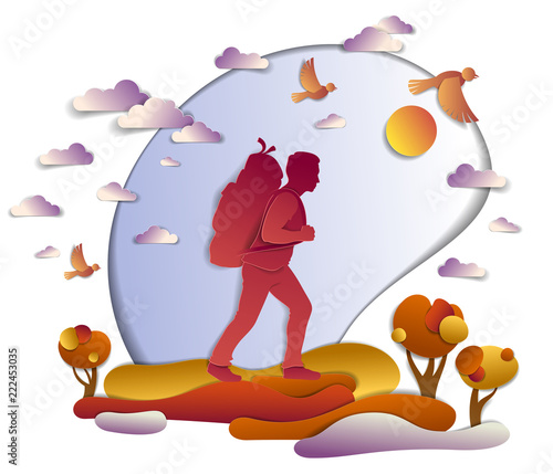 Young active man hiking in autumn to nature with grasslands and trees, vector illustration of beautiful autumnal scenic landscape, birds in the sky, vacation.