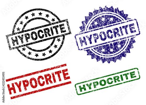 HYPOCRITE seal prints with damaged texture. Black, green,red,blue vector rubber prints of HYPOCRITE caption with corroded texture. Rubber seals with round, rectangle, medal shapes.