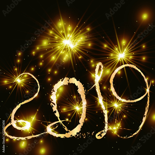 2019 Happy New Year background with number and golden glitter. Gold number 2019 and text happy new year vector design template. Greeting card design