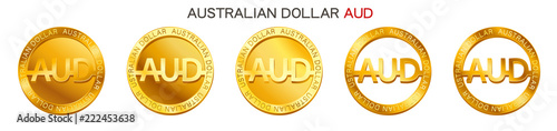 Vector money Australian Dollar sign (australian dollar coin icon) isolated on white background. Golden AUD coin symbol design, Australia currency (banking concept illustration) photo