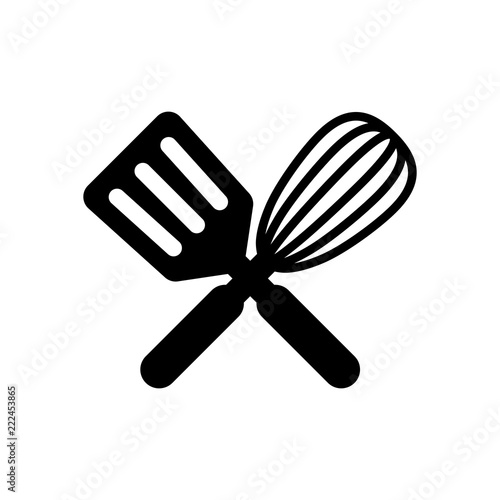 Kitchen tool icon. Whisk and spatula, criss and cross. Black on white background