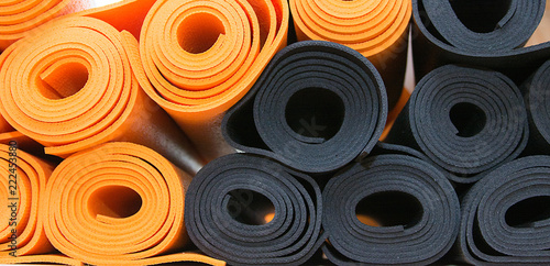 materials for yoga classes, mats, bricks and straps, bowl for meditation. everything you need for yoga.