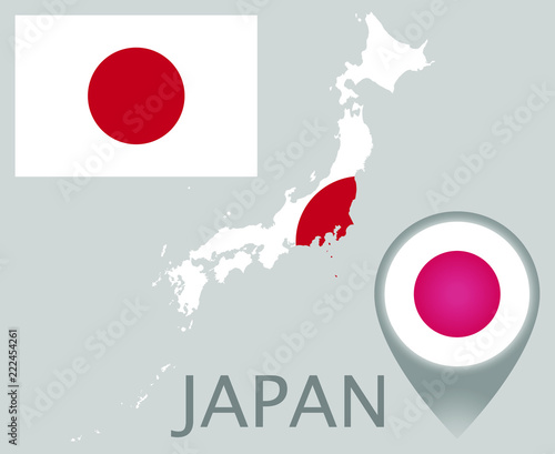 Colorful flag, map pointer and map of Japan in the colors of the Japanese flag. High detail. Vector illustration