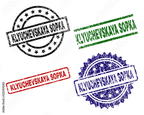 KLYUCHEVSKAYA SOPKA seal prints with damaged style. Black, green,red,blue vector rubber prints of KLYUCHEVSKAYA SOPKA text with retro style. Rubber seals with circle, rectangle, medal shapes.