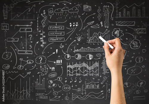 Female hand holding white chalk in front of a blackboard with a business plan drawn on it 