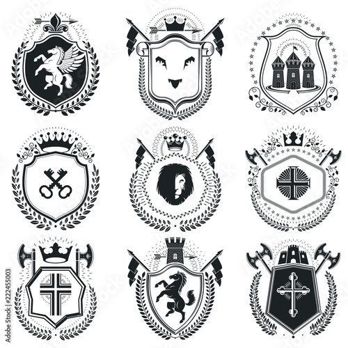 Vintage award designs, vintage heraldic Coat of Arms. Vector emblems. Vintage design elements collection.