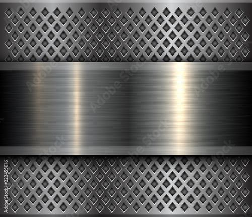 Metal background, steel brushed metallic banner over perforated texture
