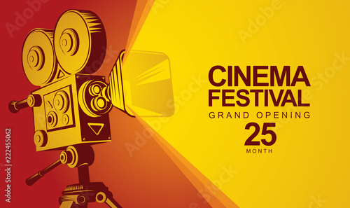 Vector cinema festival poster with old fashioned movie camera. Movie background with words Grand opening. Can be used for banner, poster, web page, background