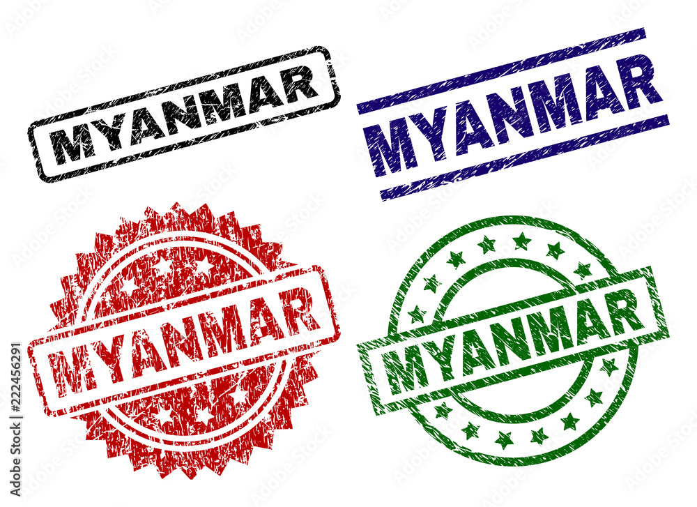 MYANMAR seal stamps with corroded style. Black, green,red,blue vector rubber prints of MYANMAR tag with dust style. Rubber seals with circle, rectangle, medallion shapes. MYANMAR seal stamps with corroded style. Black, green,red,blue vector rubber prints of MYANMAR tag with dust style. Rubber seals with circle, rectangle, medallion shapes.