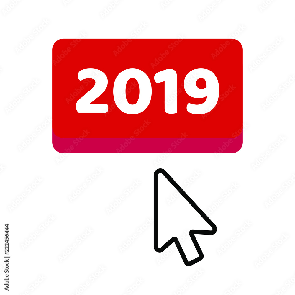 The button 2019 with arrow cursor pointer. Flat style design invitation to the xmas or new year party or event postcard vector illustration isolated on white background. The button 2019 with arrow cursor pointer. Flat style design invitation to the xmas or new year party or event postcard vector illustration isolated on white background.