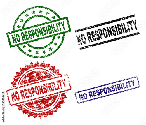 NO RESPONSIBILITY seal prints with corroded surface. Black, green,red,blue vector rubber prints of NO RESPONSIBILITY title with dirty surface. Rubber seals with round, rectangle, medal shapes.