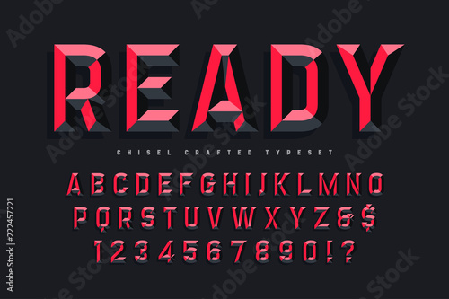 Chisel crafted display font with facets, alphabet, letters