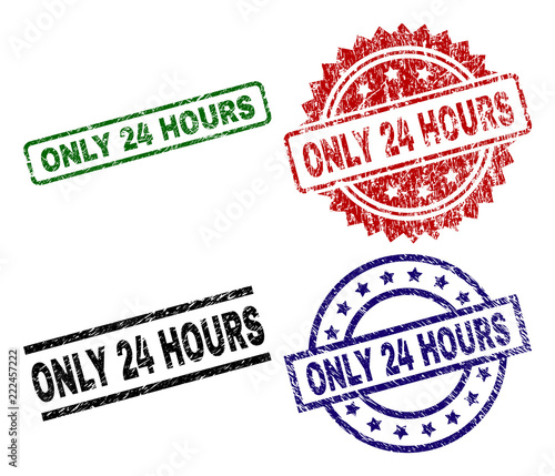 ONLY 24 HOURS seal prints with damaged surface. Black, green,red,blue vector rubber prints of ONLY 24 HOURS text with scratched surface. Rubber seals with circle, rectangle, rosette shapes.