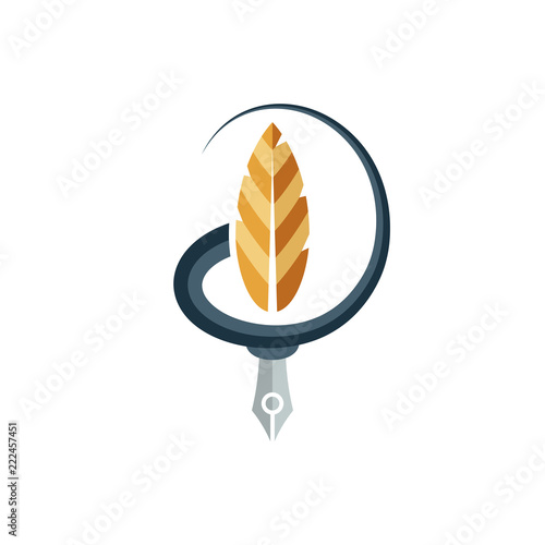 Pen feather with twisted element in the form of the letter D and a golden bird's feather, logo template. For book publishers and printing companies. Vector illustration.
