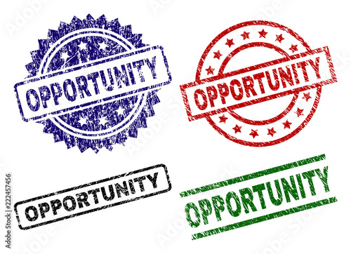 OPPORTUNITY seal prints with corroded surface. Black, green,red,blue vector rubber prints of OPPORTUNITY text with corroded surface. Rubber seals with circle, rectangle, medallion shapes.