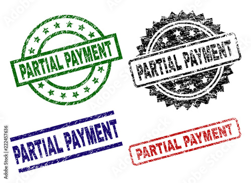 PARTIAL PAYMENT seal prints with corroded style. Black, green,red,blue vector rubber prints of PARTIAL PAYMENT title with unclean style. Rubber seals with circle, rectangle, medallion shapes.