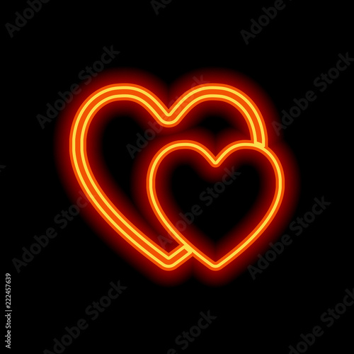 2 hearts. Simple icon. Orange neon style on black background. Li