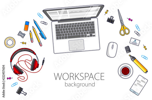 Office desk workspace top view with laptop computer and diverse stationery objects for work isolated, overhead look. All elements are easy to use separately or recompose the illustration. Vector. photo