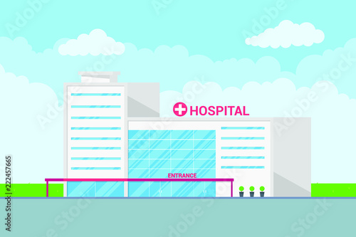 Landscape hospital building medical concept flat styledesign. Panoramic background with hospital building, plants, green grass, cloudy sky and clouds on background. Template for business or posters.