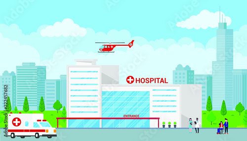 Hospital concept with building  doctor  nurse  patients  helicopter and ambulance car in flat style. Hospital building  doctors  nurses  woman in wheelchair  ambulance car  helicopter and city behind.