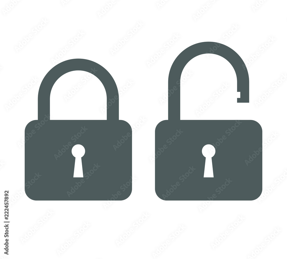 Icons closed lock and open lock. Symbols security. Isolated grey signs on white background. Flat vector illustration Icons closed lock and open lock. Symbols security. Isolated grey signs on white background. Flat vector illustration